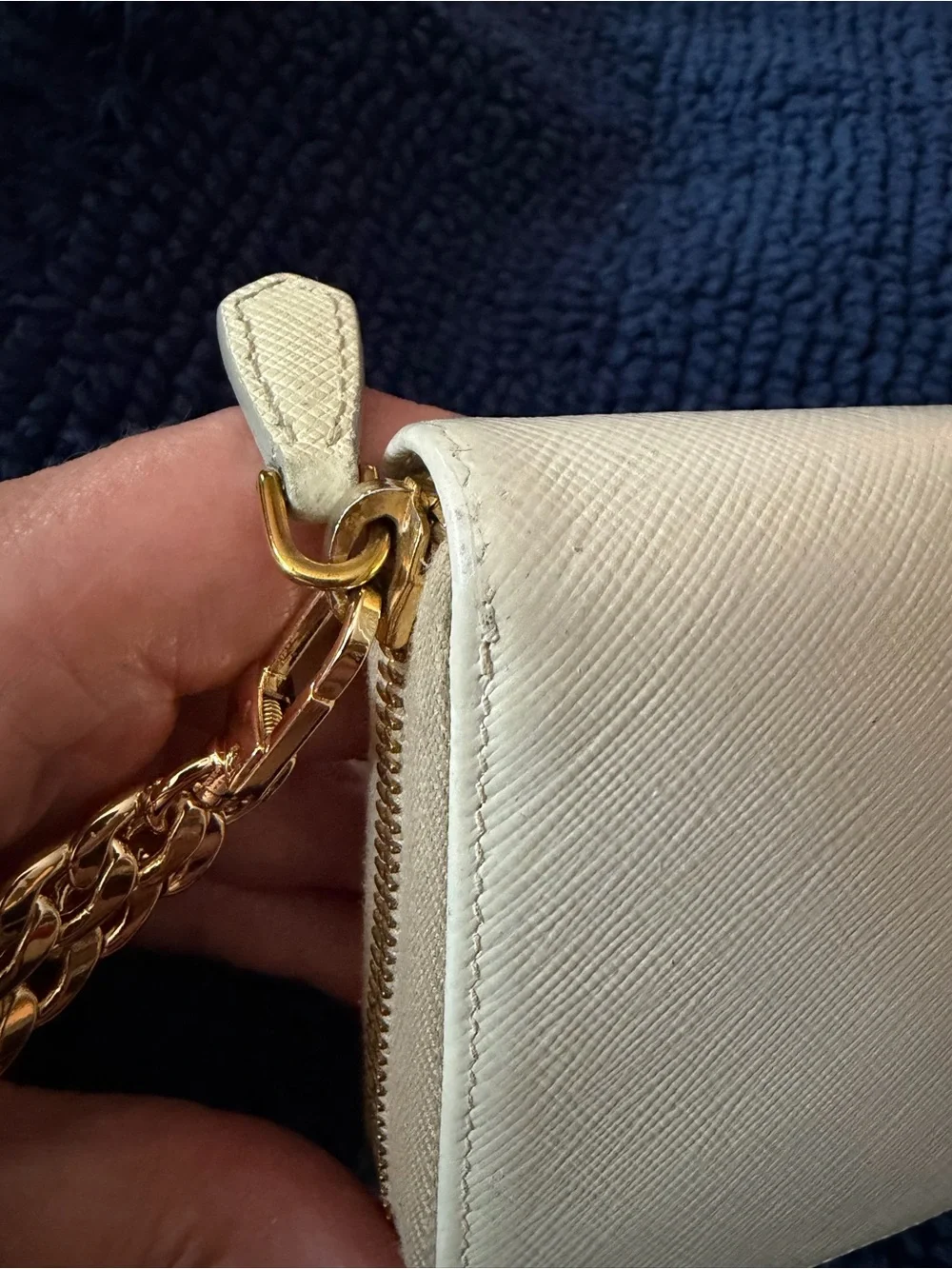 PRADA White Saffiano Leather Long Zippy Wallet w/Unbranded Gold Wristlet Chain